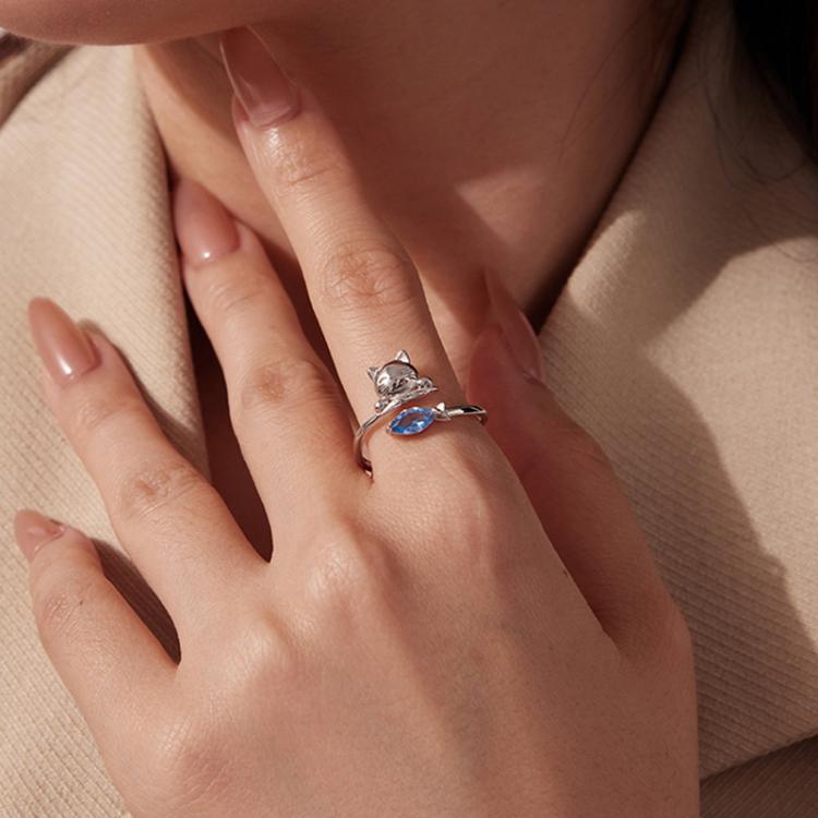 Copper-plated White Gold Cat Eating Fish Cute Open Ring - YIR307-E