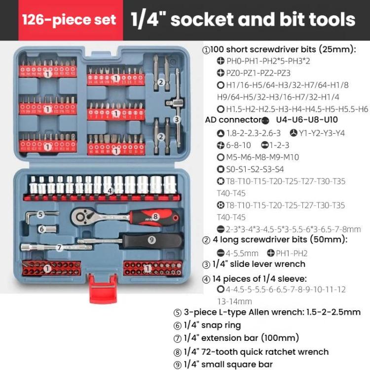 Hi-Spec 126 In 1 1/4 Inch Auto Repair Tool Set, Special-Shaped Bits, Driver Sockets & Ratchet Wrench