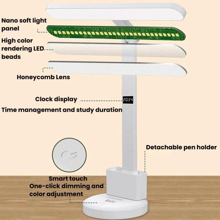 Xiajule Eye-Caring Study Desk Lamp With Time Display 3-Color Temperature Dimmable Reading Bedside Lamp, Spec: XH4800