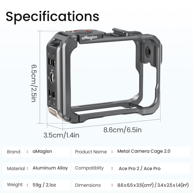 For Insta360 Ace Pro 2 / Ace Pro AMagisn Metal Camera Cage 2.0 With Quick-Switch Vertical/Horizontal Shooting, Cold Shoe Mount - Space Gray
