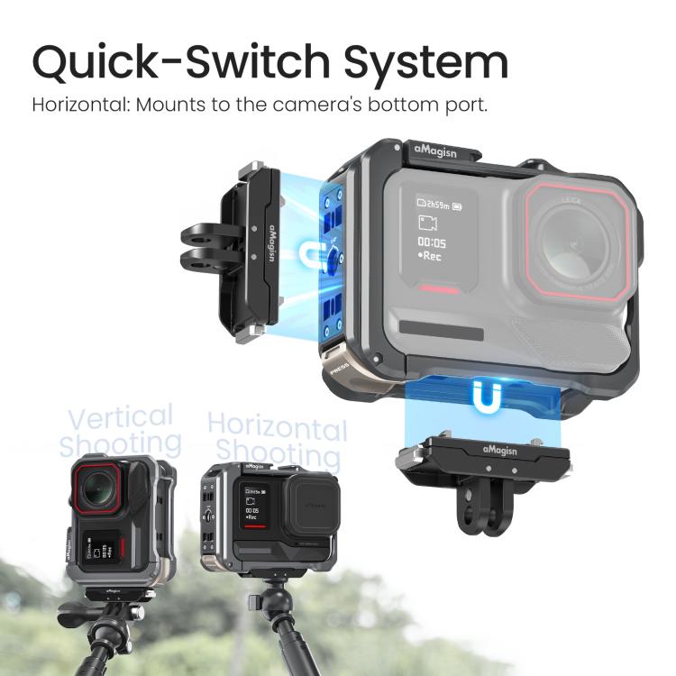 For Insta360 Ace Pro 2 / Ace Pro AMagisn Metal Camera Cage 2.0 With Quick-Switch Vertical/Horizontal Shooting, Cold Shoe Mount - Space Gray