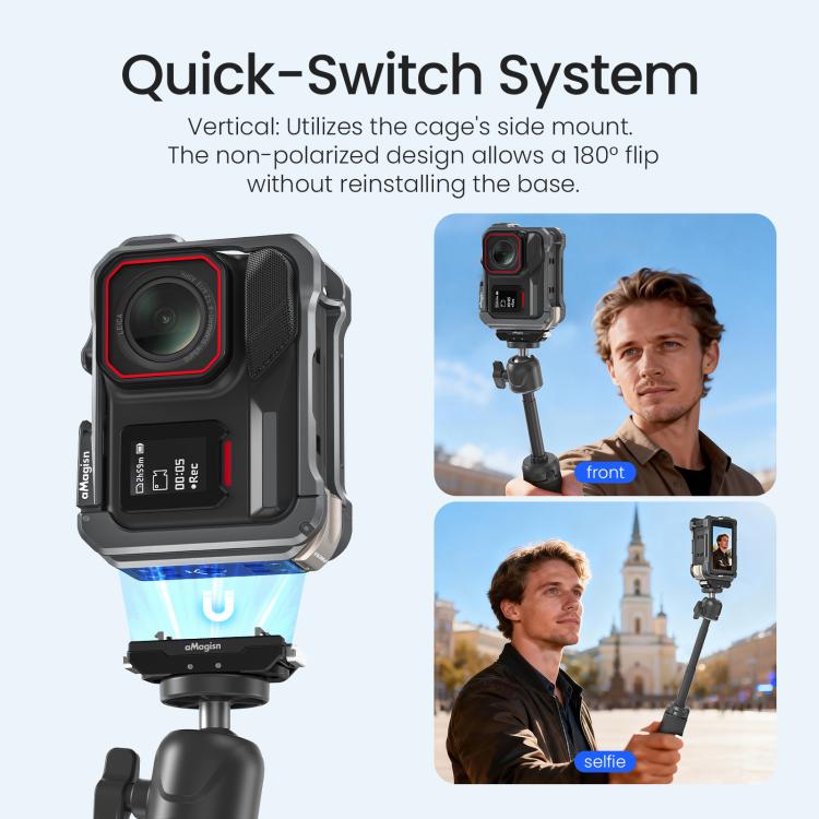 For Insta360 Ace Pro 2 / Ace Pro AMagisn Metal Camera Cage 2.0 With Quick-Switch Vertical/Horizontal Shooting, Cold Shoe Mount - Space Gray