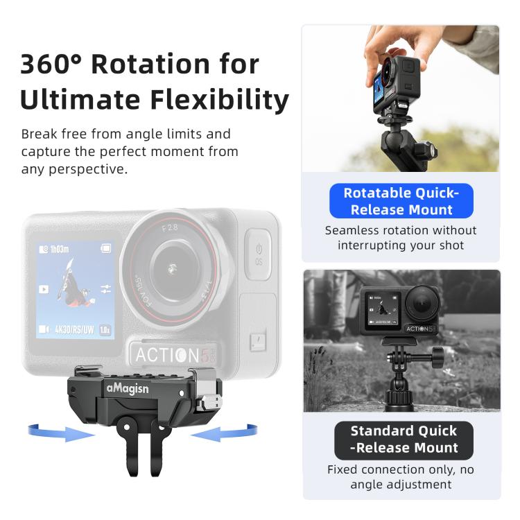 aMagisn 360-Degree Rotatable Magnetic Quick Release Mount For DJI Osmo 360/Action 5 Pro/4/3 - Black