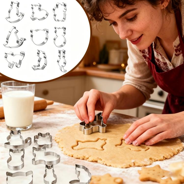LsCook 9-Piece Set Stainless Steel Cat Shape Cookie Mold Cartoon Cookie Cutter - Silver