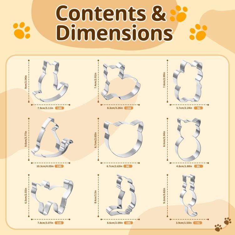 LsCook 9-Piece Set Stainless Steel Cat Shape Cookie Mold Cartoon Cookie Cutter - Silver