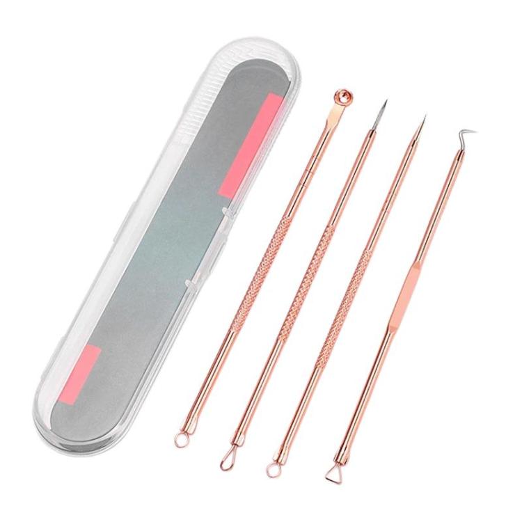 4pcs /Set Stainless Steel Blackhead Removal Needles Tweezers for Beauty Acne Treatment, Color: Rose Gold