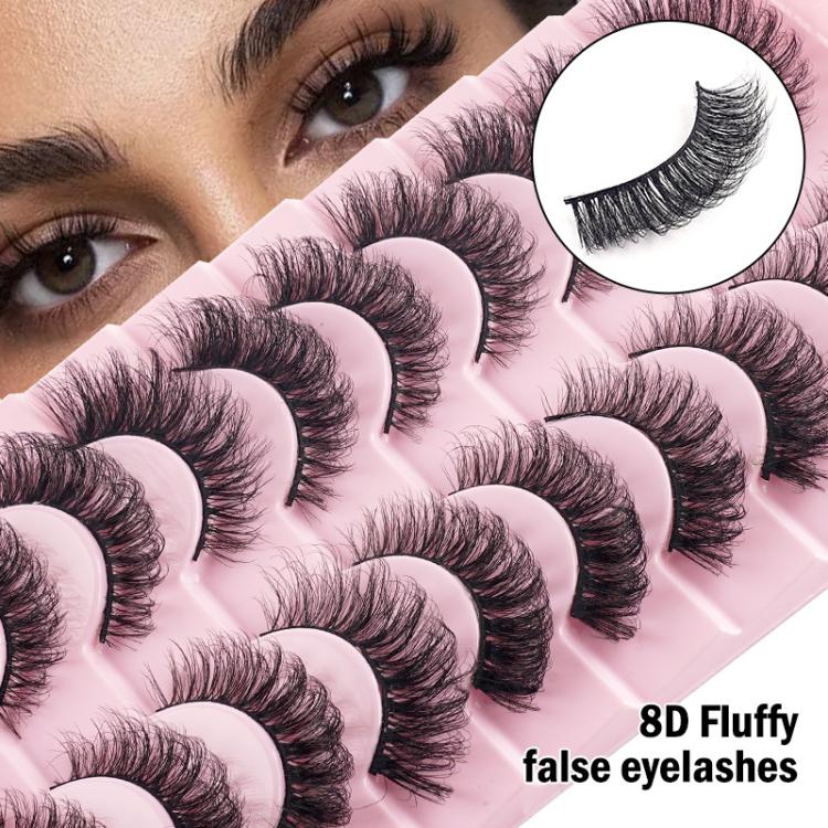 10 Pairs 8D Faux Mink Lashes Pack Fluffy Volume Dramatic False Eyelashes Natural Long Wispy Messy Curls