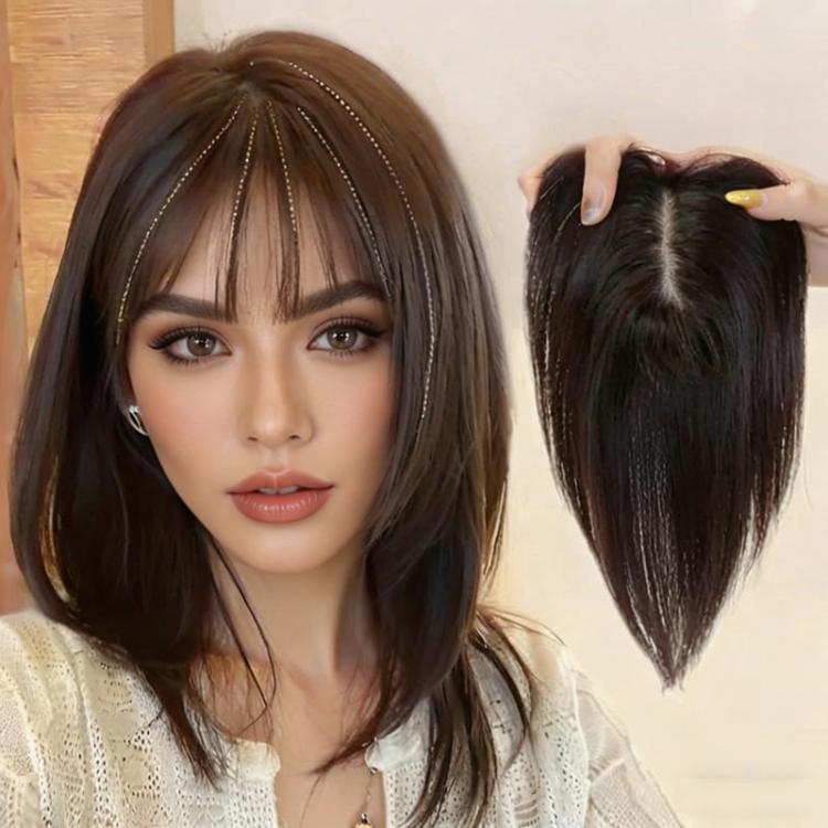 Hair Topper with Air Bangs for Women 12.6 inch Synthetic Hairpiece for Thinning Hair, Natural Looking Top Hair Extension with Clips