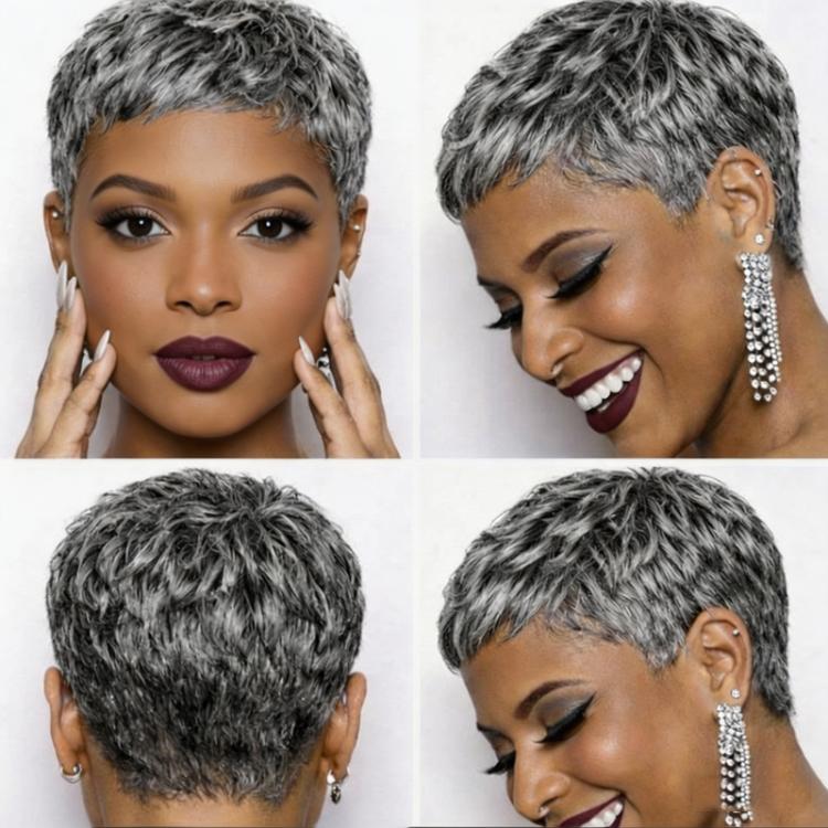 2 inch Short Grey Human Hair Feel Wigs for Women Pixie Cut Wigs Salt and Pepper Grey Mix Silver Short Layered Machine Made Wigs