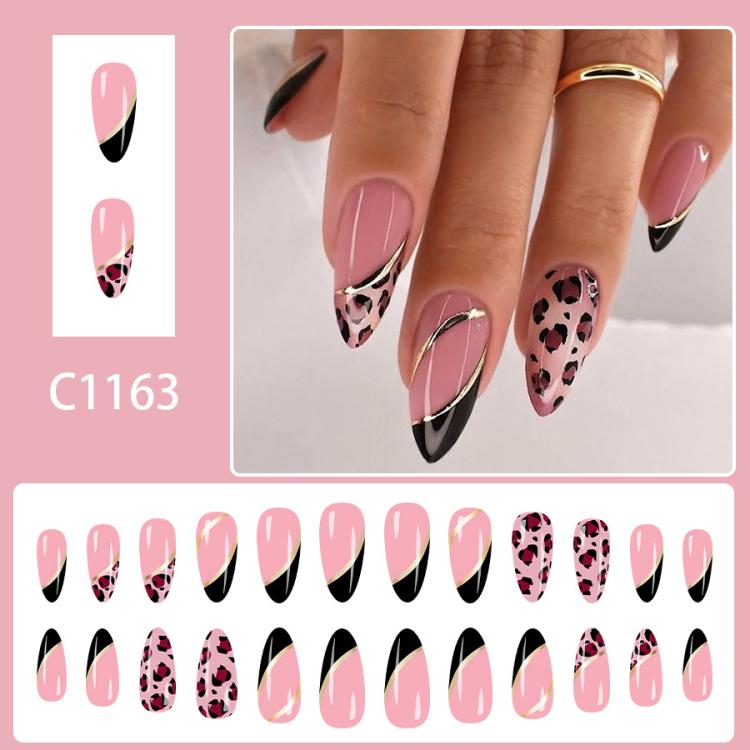 24Pcs /Set Glossy Medium Almond Press on Nails French Tip Fake Nails with Gold Line & Pink Leopard Print Designs Full Cover Glue on Nails - C1163