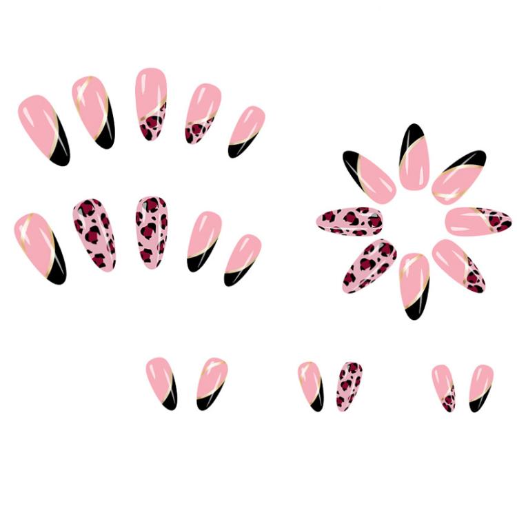24Pcs /Set Glossy Medium Almond Press on Nails French Tip Fake Nails with Gold Line & Pink Leopard Print Designs Full Cover Glue on Nails - C1163