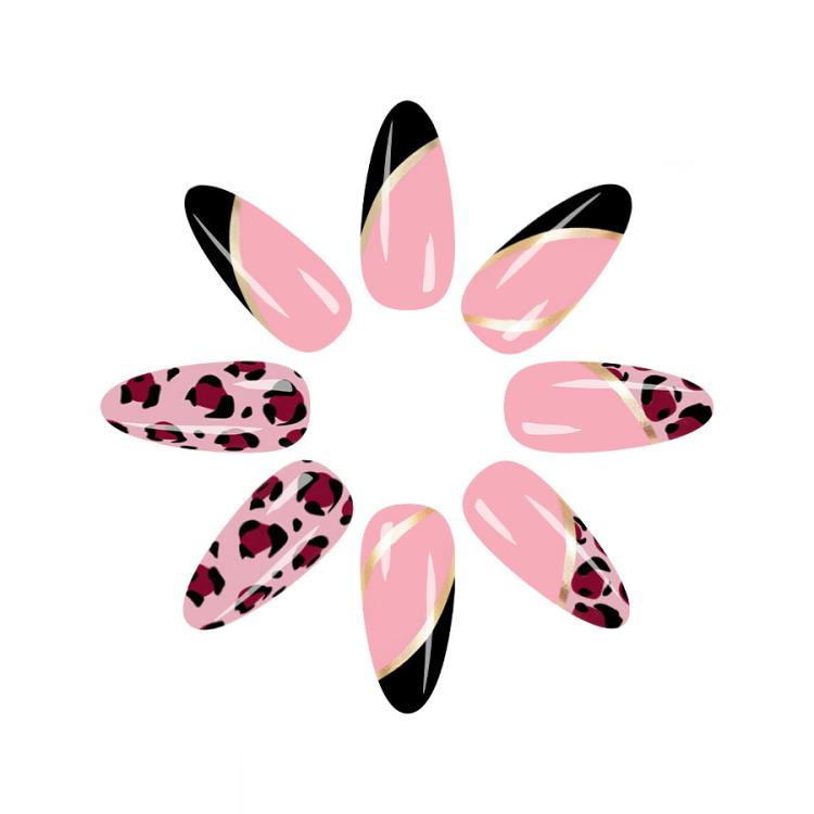 24Pcs /Set Glossy Medium Almond Press on Nails French Tip Fake Nails with Gold Line & Pink Leopard Print Designs Full Cover Glue on Nails - C1163