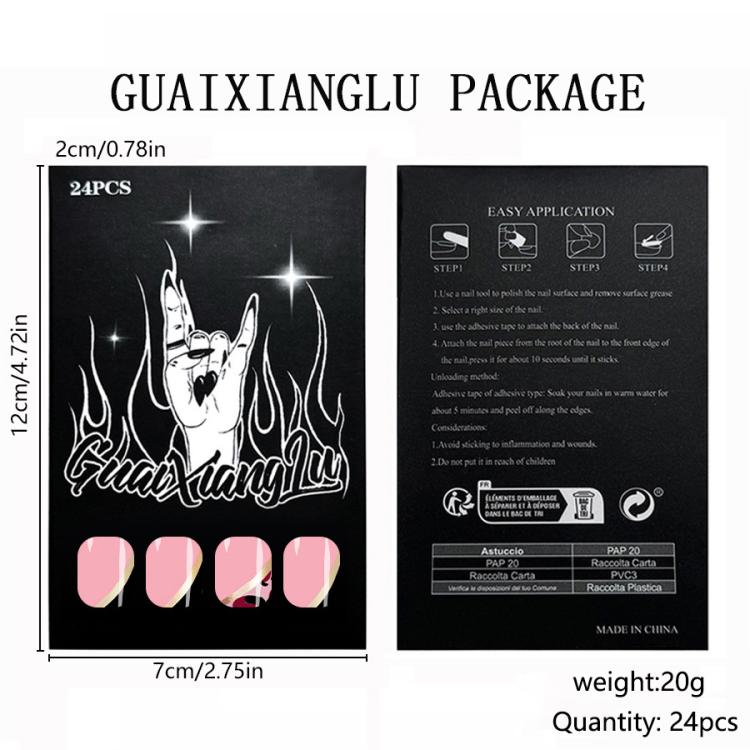 24Pcs /Set Glossy Medium Almond Press on Nails French Tip Fake Nails with Gold Line & Pink Leopard Print Designs Full Cover Glue on Nails - C1163