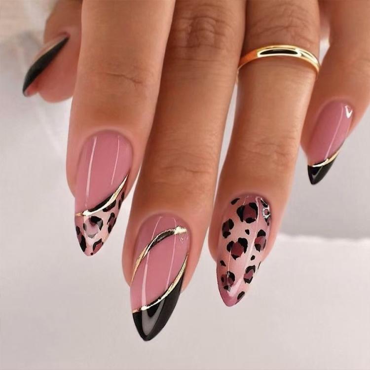24Pcs /Set Glossy Medium Almond Press on Nails French Tip Fake Nails with Gold Line & Pink Leopard Print Designs Full Cover Glue on Nails - C1163
