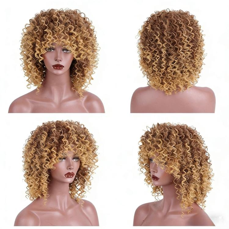 Short Afro Kinky Curly Wigs with Bangs Fluffy Synthetic Fiber Hair Wig Heat Resistant Glueless Cosplay Daily Party Wig