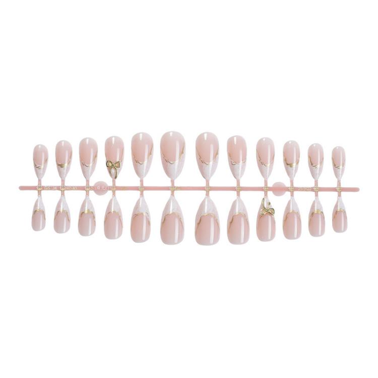 24Pcs French Tip Press on Nails Almond Gold Bowknot Fake Nails with Marble Design and Gold Wire Glossy Medium Length Glue on Nails - DM-283