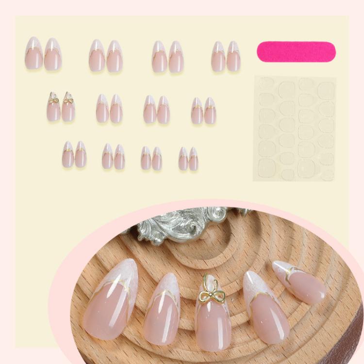 24Pcs French Tip Press on Nails Almond Gold Bowknot Fake Nails with Marble Design and Gold Wire Glossy Medium Length Glue on Nails - DM-283
