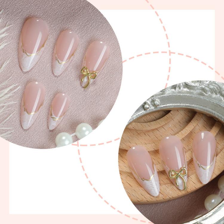 24Pcs French Tip Press on Nails Almond Gold Bowknot Fake Nails with Marble Design and Gold Wire Glossy Medium Length Glue on Nails - DM-283