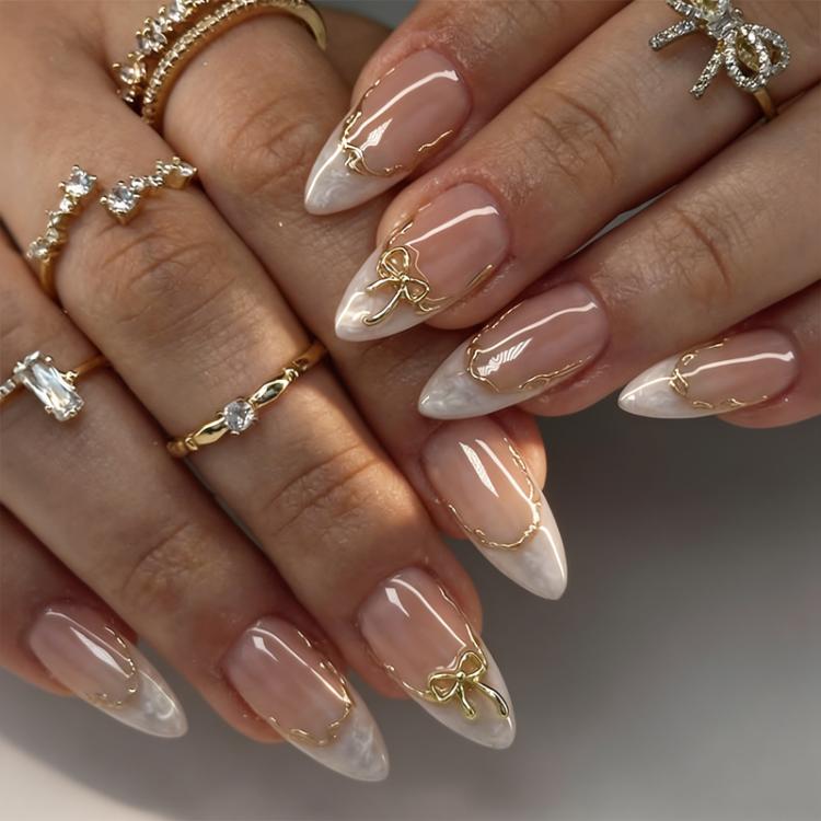 24Pcs French Tip Press on Nails Almond Gold Bowknot Fake Nails with Marble Design and Gold Wire Glossy Medium Length Glue on Nails - DM-283