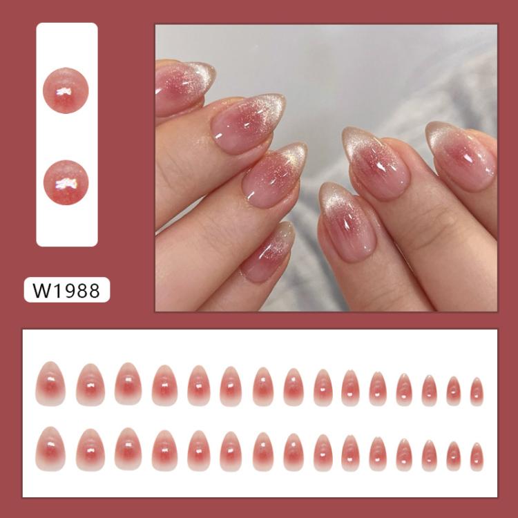 30pcs /Pack Jelly Pink Cat Eye Press on Nails Short Almond Glossy Magnetic Fake Nails, Translucent Ombre Glitter Glue on Nails for Women - W1988