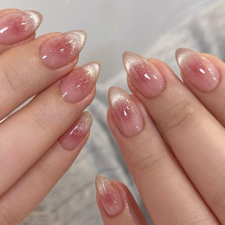 30pcs /Pack Jelly Pink Cat Eye Press on Nails Short Almond Glossy Magnetic Fake Nails, Translucent Ombre Glitter Glue on Nails for Women - W1988