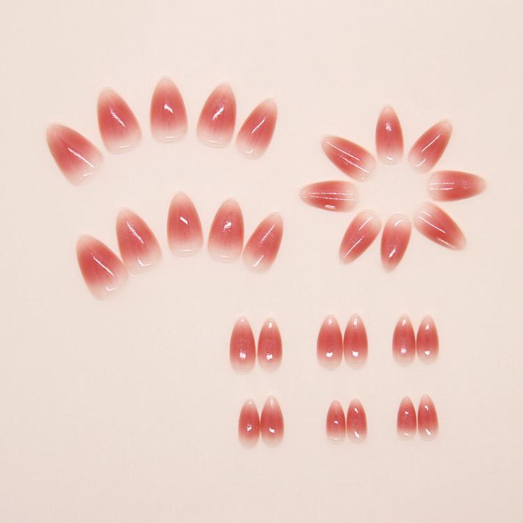 30pcs /Pack Jelly Pink Cat Eye Press on Nails Short Almond Glossy Magnetic Fake Nails, Translucent Ombre Glitter Glue on Nails for Women - W1988