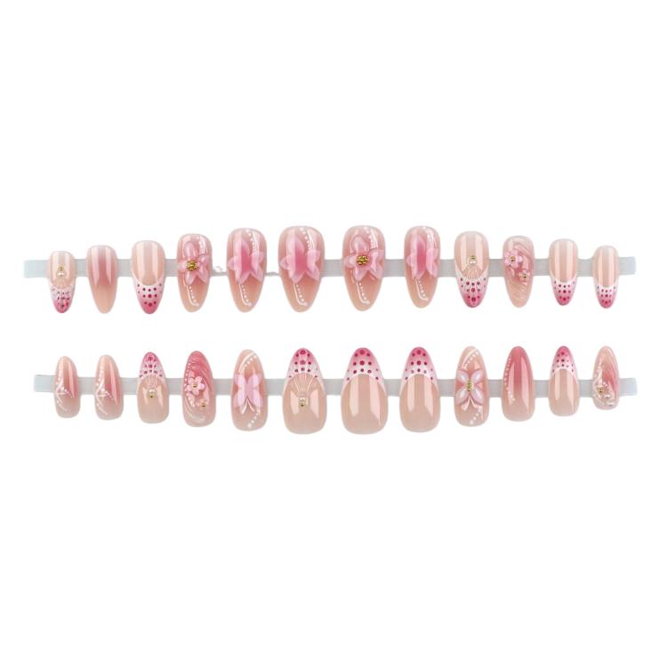 24Pcs /Set 3D Flower Press on Nails Pink Ombre Almond Fake Nails Sweet Style Manicure Kit for Women - FT-218