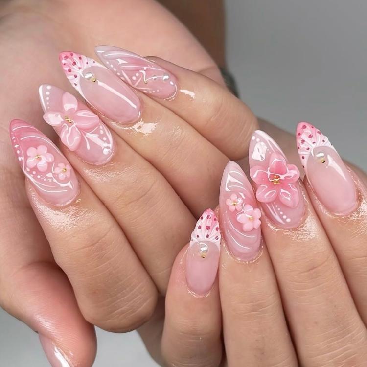 24Pcs /Set 3D Flower Press on Nails Pink Ombre Almond Fake Nails Sweet Style Manicure Kit for Women - FT-218