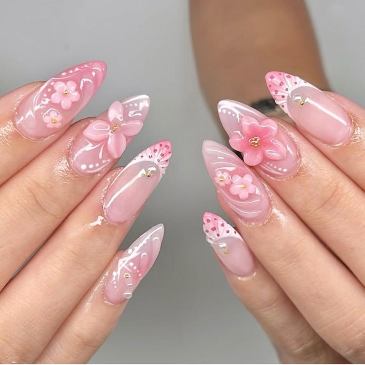 24Pcs /Set 3D Flower Press on Nails Pink Ombre Almond Fake Nails Sweet Style Manicure Kit for Women - FT-218
