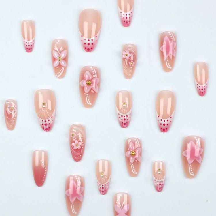 24Pcs /Set 3D Flower Press on Nails Pink Ombre Almond Fake Nails Sweet Style Manicure Kit for Women - FT-218