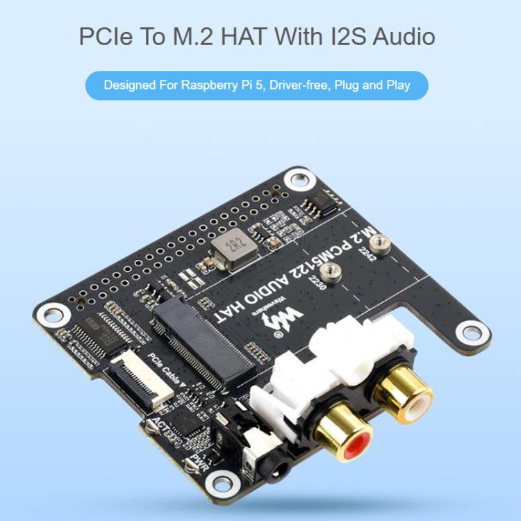 Waveshare 34170 For Raspberry Pi 5 PCIe To M.2 HAT With I2S Audio Extension Supports NVMe Protocol Solid State Drive