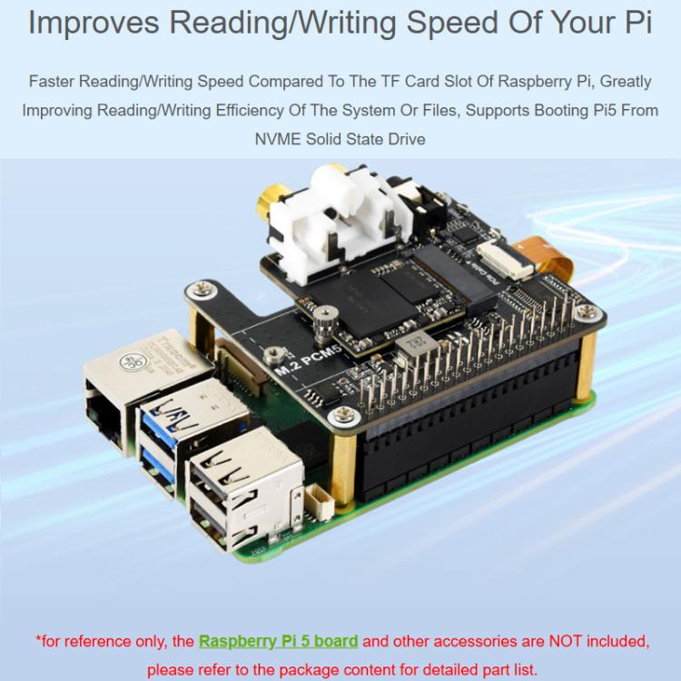 Waveshare 34170 For Raspberry Pi 5 PCIe To M.2 HAT With I2S Audio Extension Supports NVMe Protocol Solid State Drive