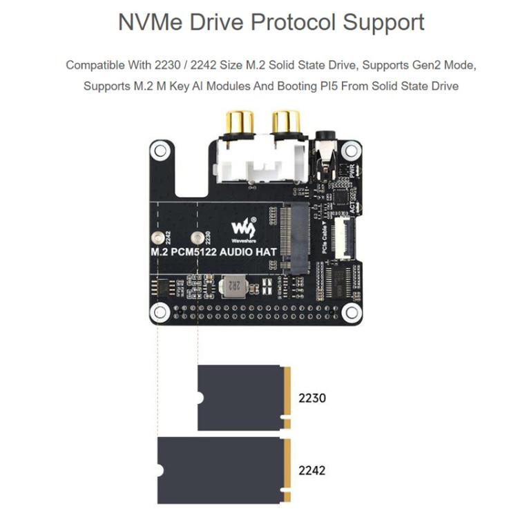 Waveshare 34170 For Raspberry Pi 5 PCIe To M.2 HAT With I2S Audio Extension Supports NVMe Protocol Solid State Drive
