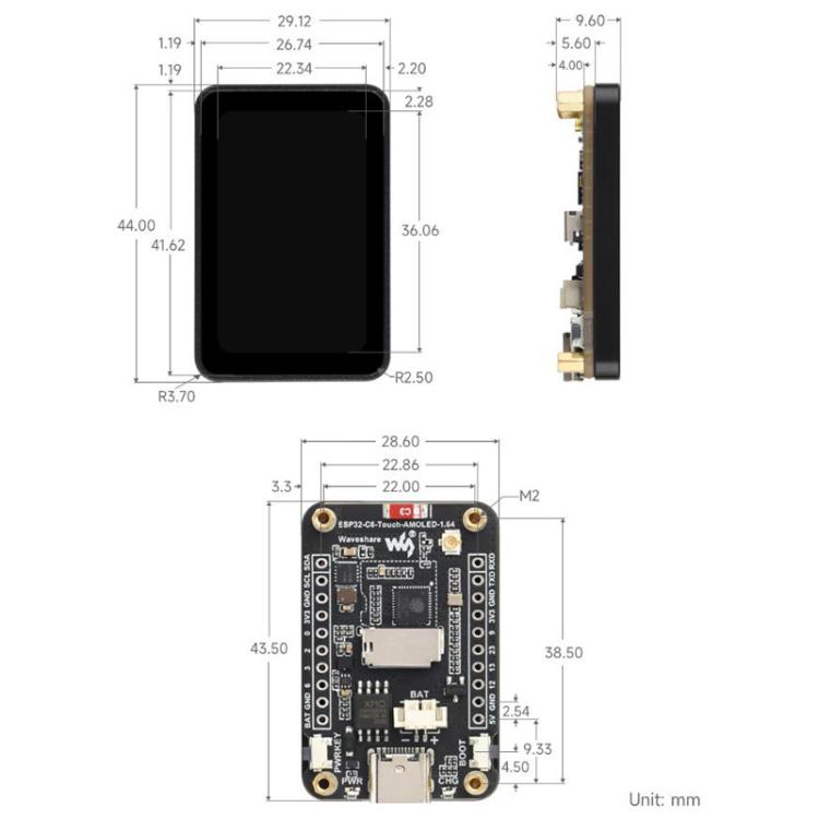 Waveshare ESP32-C6 1.64 Inch AMOLED Touch Display Development Board, 280 X 456 Resolution, Supports Wi-Fi 6 And BLE 5, Spec: Welded