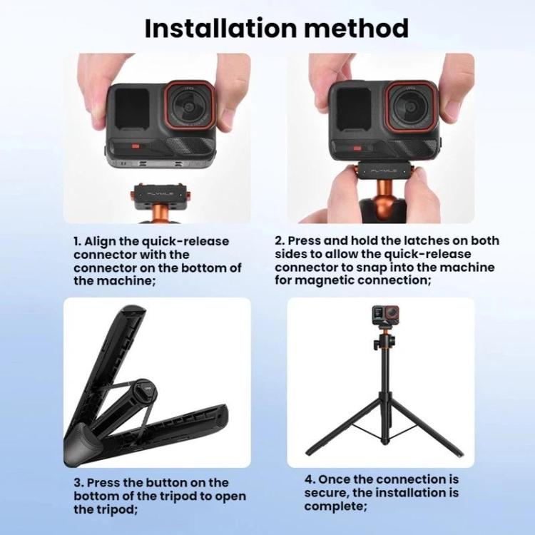 For Insta360 Ace Pro / 2 / X5 Flymile Quick-Release Selfie Extension Pole Tripod - Black