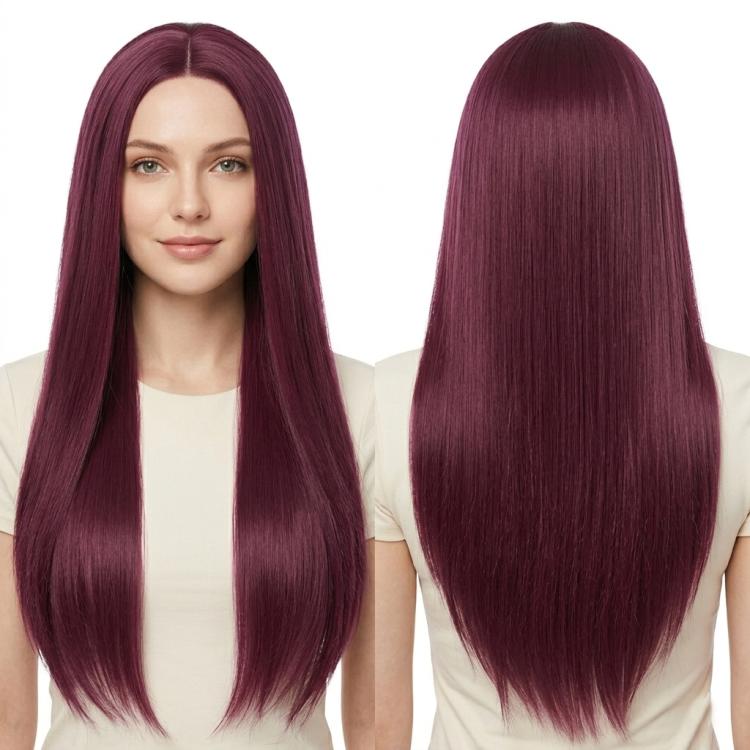 80cm Cosplay Versatile Center-Parted Long Straight Wig, Color: Claret