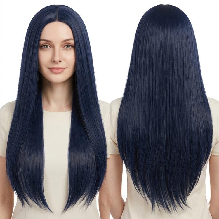 80cm Cosplay Versatile Center-Parted Long Straight Wig, Color: Blue-black