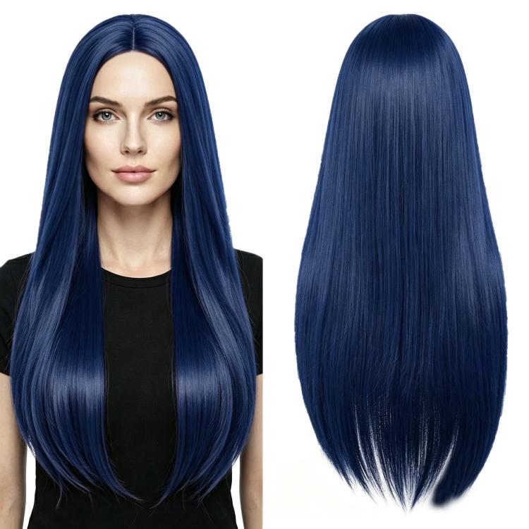 80cm Cosplay Versatile Center-Parted Long Straight Wig, Color: Black-blue
