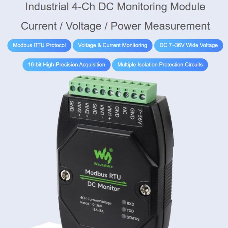 Waveshare 33931 Industrial 4-Ch DC Monitoring Module, 16-Bit High-Precision Acquisition, Supports Voltage And Current Measurement, Modbus RTU Protocol