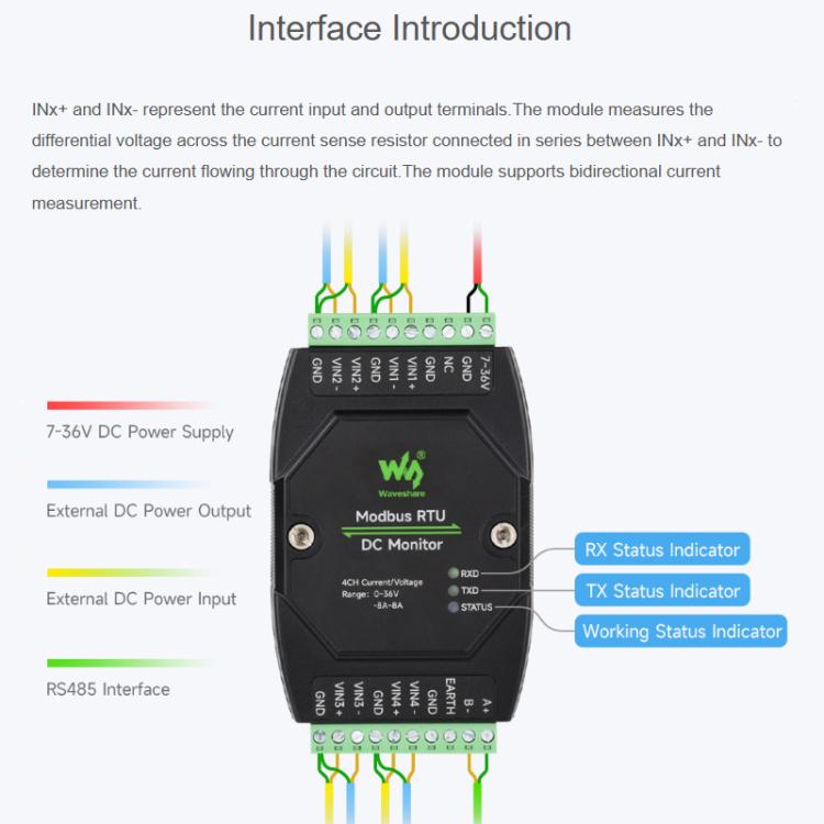 Waveshare 33931 Industrial 4-Ch DC Monitoring Module, 16-Bit High-Precision Acquisition, Supports Voltage And Current Measurement, Modbus RTU Protocol