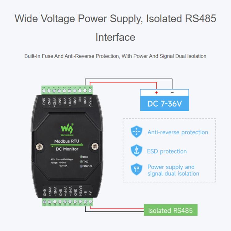 Waveshare 33931 Industrial 4-Ch DC Monitoring Module, 16-Bit High-Precision Acquisition, Supports Voltage And Current Measurement, Modbus RTU Protocol