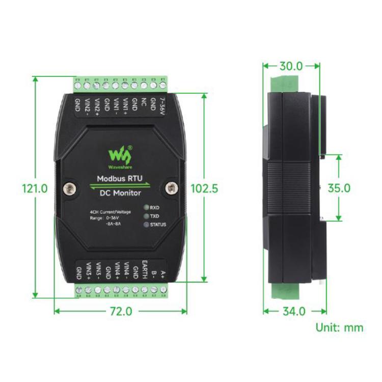 Waveshare 33931 Industrial 4-Ch DC Monitoring Module, 16-Bit High-Precision Acquisition, Supports Voltage And Current Measurement, Modbus RTU Protocol