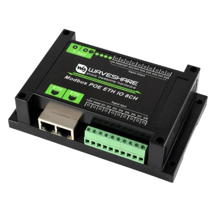 Waveshare 33917 Industrial 8-Ch Ethernet Digital Input / Output Module Modbus RTU / TCP Protocol, Supports PoE Power Supply