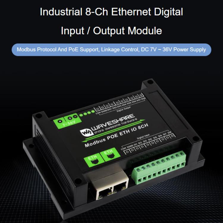 Waveshare 33917 Industrial 8-Ch Ethernet Digital Input / Output Module Modbus RTU / TCP Protocol, Supports PoE Power Supply