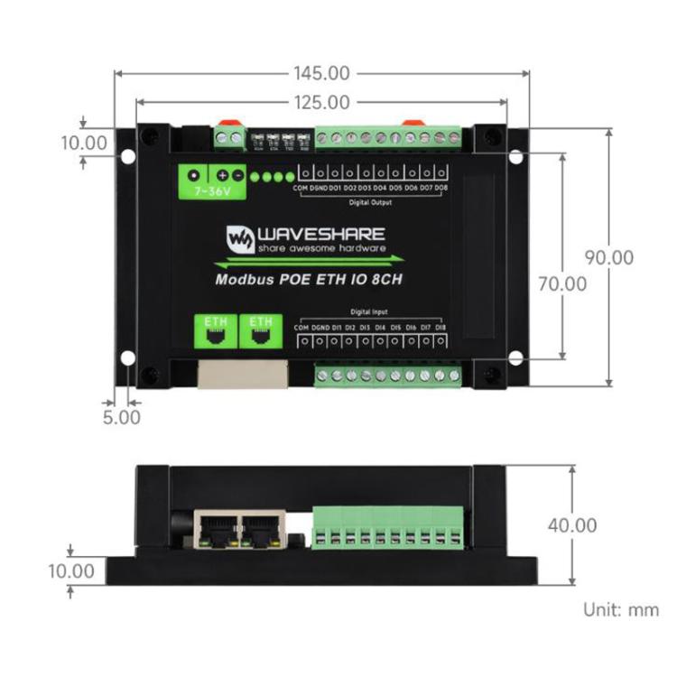 Waveshare 33917 Industrial 8-Ch Ethernet Digital Input / Output Module Modbus RTU / TCP Protocol, Supports PoE Power Supply