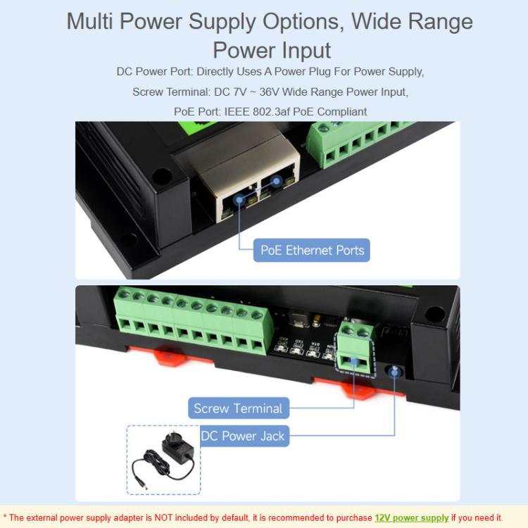 Waveshare 33917 Industrial 8-Ch Ethernet Digital Input / Output Module Modbus RTU / TCP Protocol, Supports PoE Power Supply