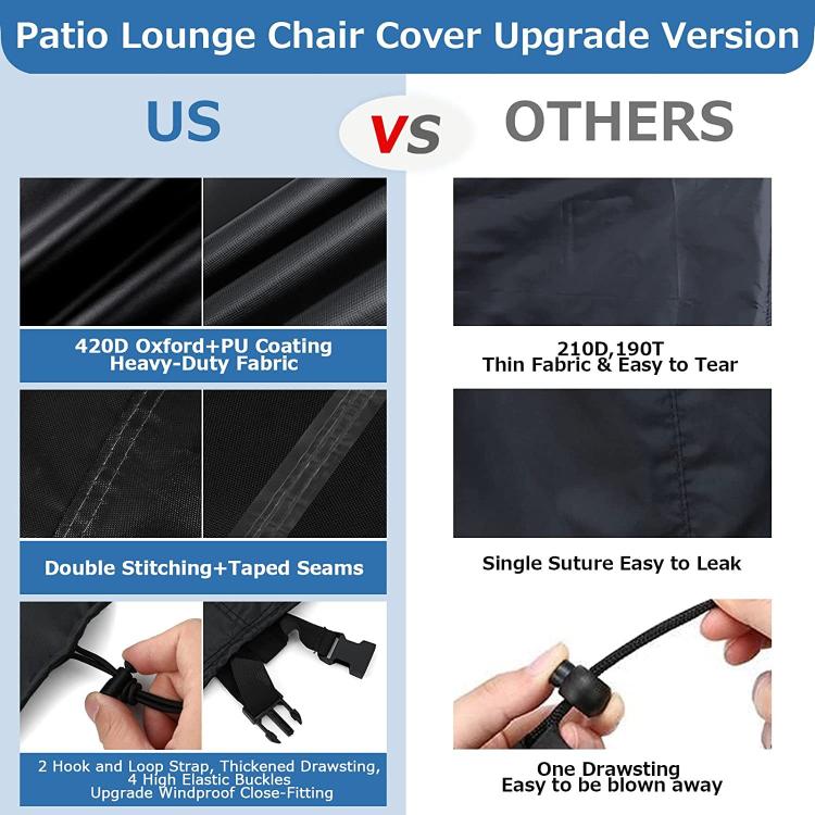 Patio Chaise Lounge Cover 420D Heavy Duty Oxford Outdoor Chair Covers Waterproof & Windproof Garden Lounge Cover With Reflective Tape, Padded Handles 200x75x70/40cm