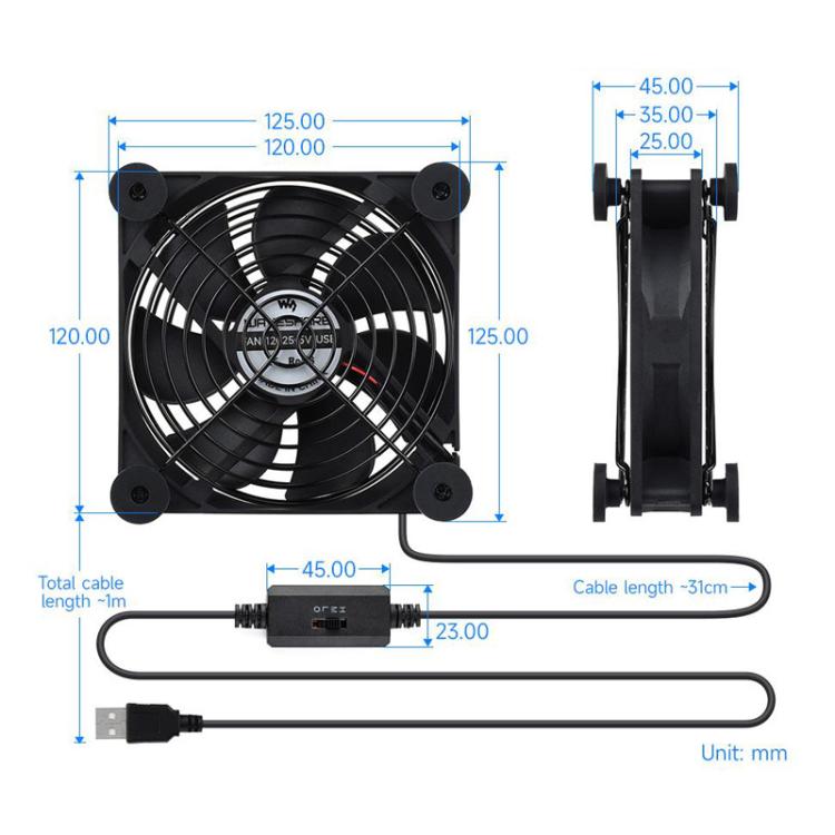 Waveshare 34398 USB 5V 120mm Quiet Cooling Fan, 3-Speed Adjustable, PWM Control, High Airflow, Anti-Vibration Design, Spec: Single