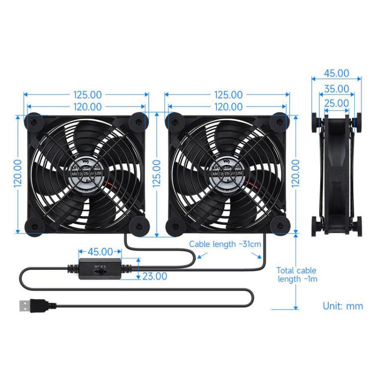 Waveshare 34398 USB 5V 120mm Quiet Cooling Fan, 3-Speed Adjustable, PWM Control, High Airflow, Anti-Vibration Design, Spec: Double
