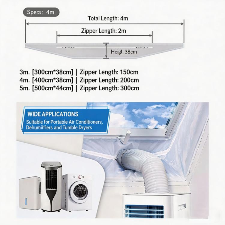 Universal Window Seal for Portable Air Conditioner and Tumble Dryer Hot Air Stop with Dual Zipper & Adhesive Hook Tape, Size: 3m